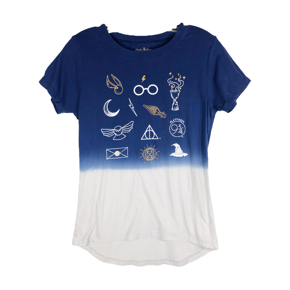 Harry Potter‎ Medium Tee Shirt Top Blue Ombre Snitch Sorting Hat Time Turner 761